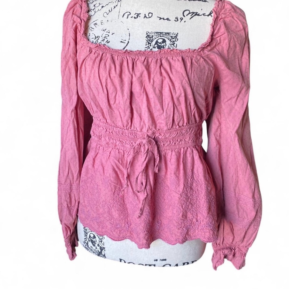 Smocked Waist Pink Peasant Blouse with Tie Detail